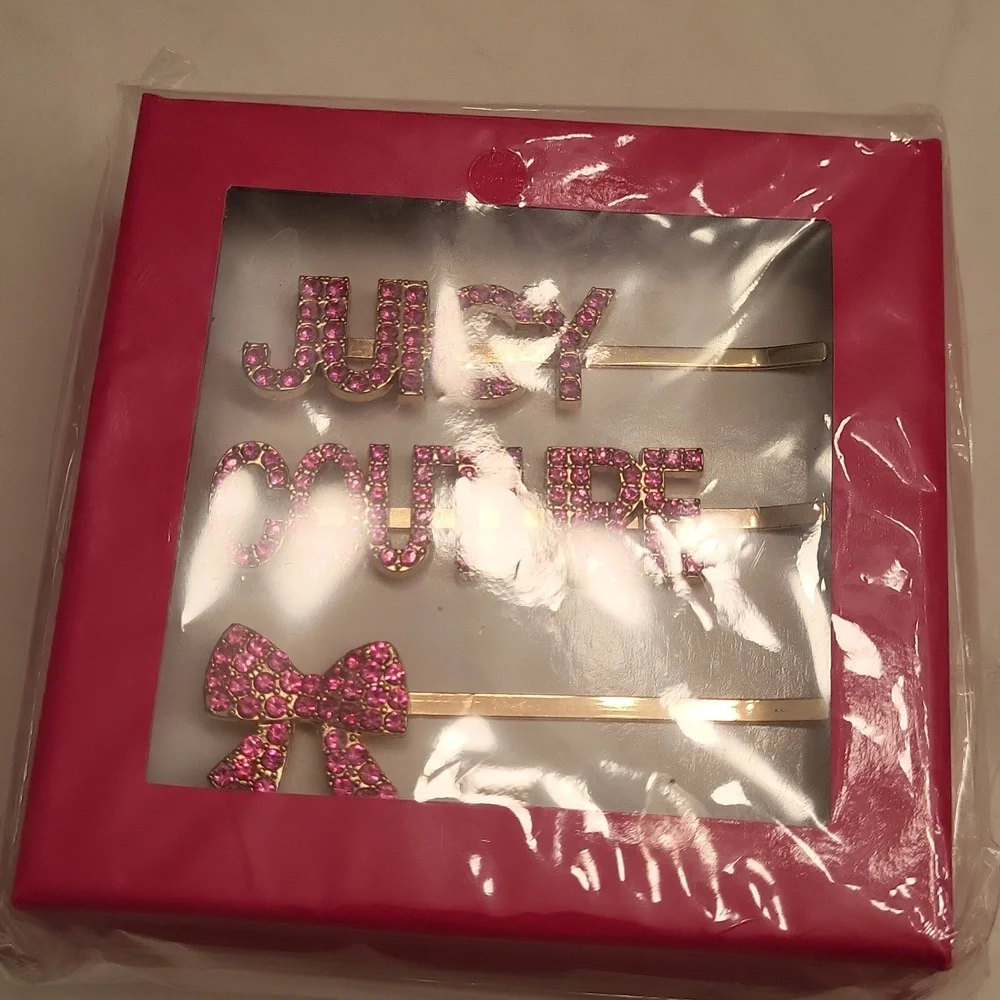 Juicy couture hair clip swarsowski box set pink crystals gold boxed